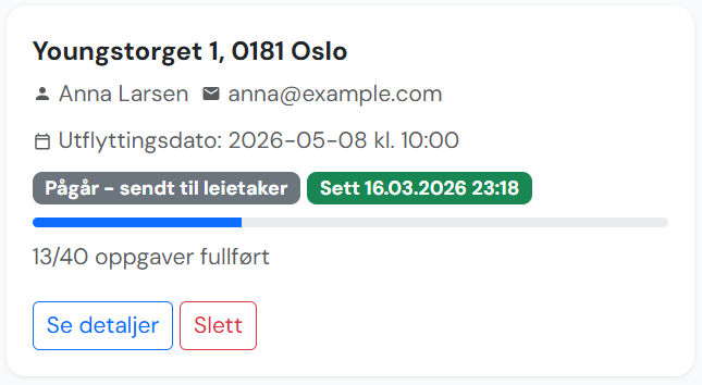 Skjermbilde fra dashboard som viser status og fremdrift for en utflytting
