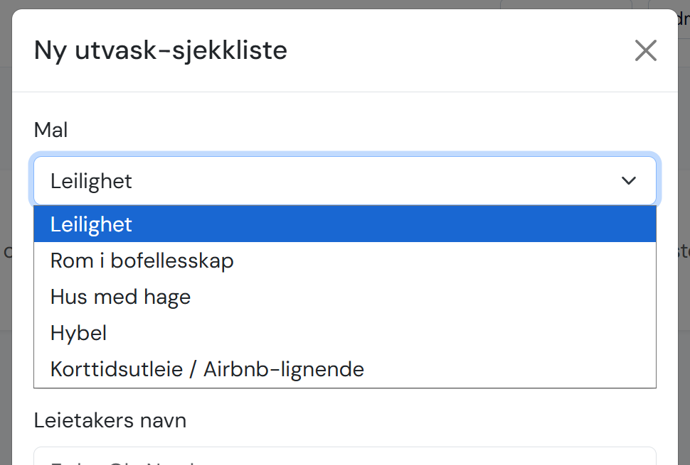 Valg av mal i ny sjekkliste
